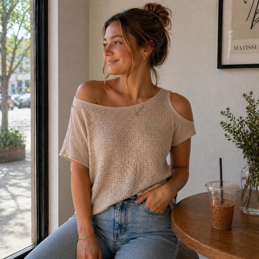 Womens Off Shoulder Cold Shoulder Waffle Knit Top Size M Cream Y2K Boho Festival